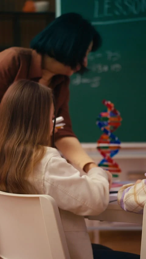 Female students write a test during a math lesson in the school classroom Stock Footage 300277859