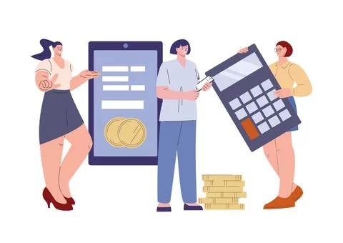 Female study financial literacy vector concept. Women with money, smartphone and 스톡 일러스트