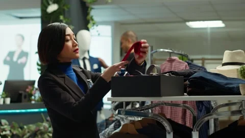 Female stylist mall worker sorting the new collection of accessories Stock Footage 319554655