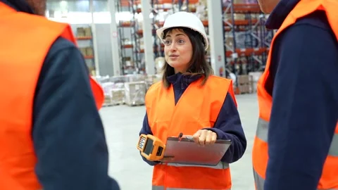 Female supervisor discussing logistics with warehouse workers Stock Footage 305647331