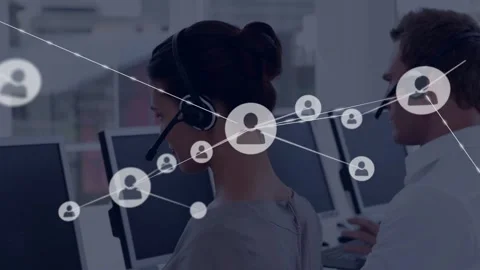Female support agent turning to camera while network icon appearing and Stock Footage 333169938