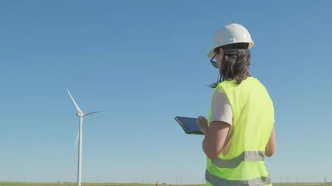 Female system engineer works with tablet near wind turbine 스톡 동영상 304742667