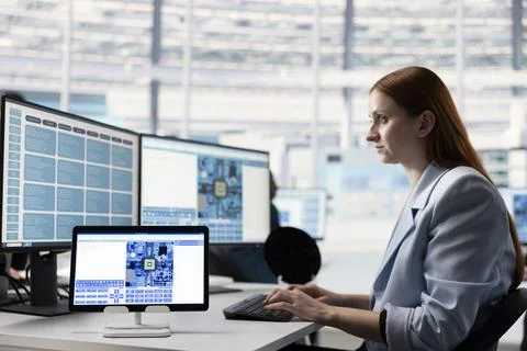 Female systems architect in tech laboratory configures PCB electronic hardware Stock Photos
