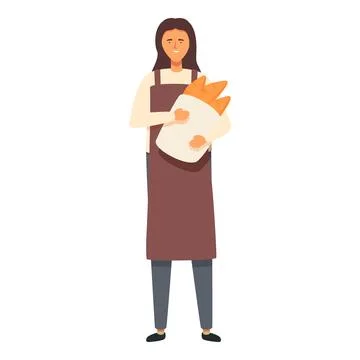 Female take hot bread package icon cartoon vector. Bakery production factory Stock Illustration