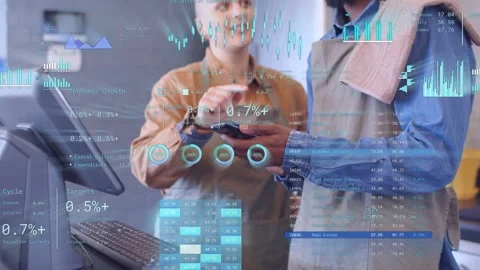 Female tapping POS reader, male holding reader, data overlay showing retail Stock Footage 333132048
