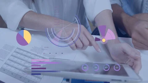 Female tapping tablet after sweep, male noting, animated radial HUD charts Stock Footage 333817659