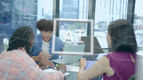 Female tapping tablet causing AI hex overlay while male lead explaining and Stock Footage 334883673