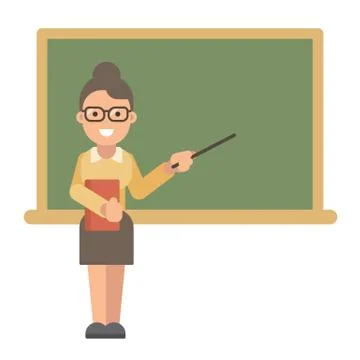 Female teacher with a book and a pointer near a blackboard. Teacher's Day. Ba Stock Illustration