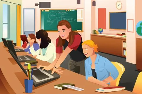 Female Teacher in Computer Class with Students Illustrazione stock