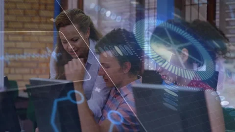 Female teacher entering computer lab and guiding students coding, data graphics Stock Footage 312099329