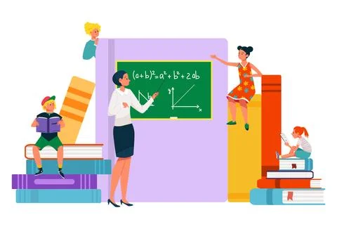 Female teacher explaining math on blackboard, students of different ages Stock Illustration