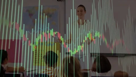 Female teacher instructing group of students in classroom, using animated Stock Footage 329033733