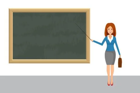 Female teacher with pointer at blackboard vector illustration in flat design. Stock Illustration