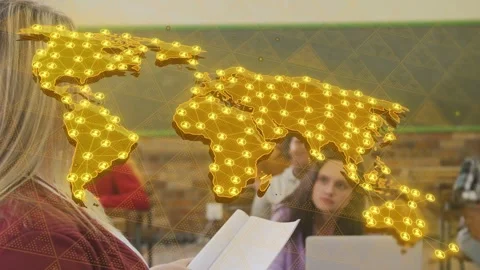 Female teacher presenting papers in class drawing students to laptop as golden Stock Footage 333301561