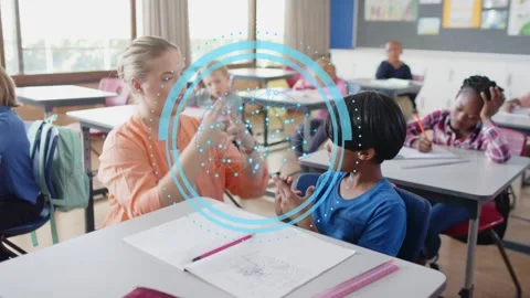 Female teacher reaching hands, teaching numbers with blue overlay, student Stock Footage 333105604