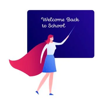 Female teacher in red cloak with pointer and blackboard Stock Illustration