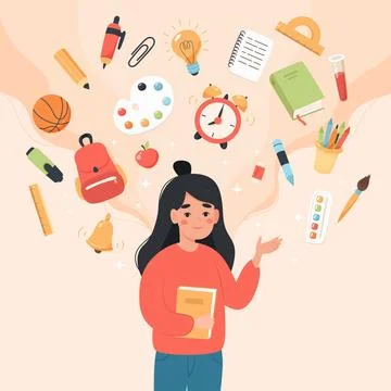 Female teacher with school elements. School and learning concept, teacher s day Иллюстрация