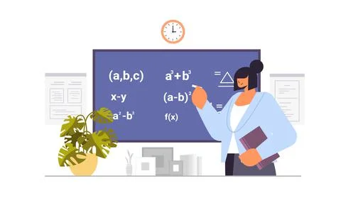 Female teacher solving math problem on digital chalkboard during lesson Stock Illustration