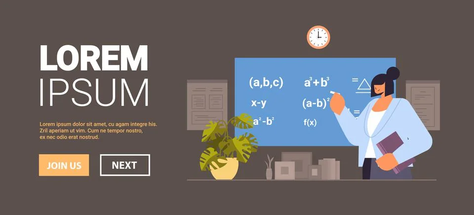 Female teacher solving math problem on digital chalkboard during lesson Stock Illustration