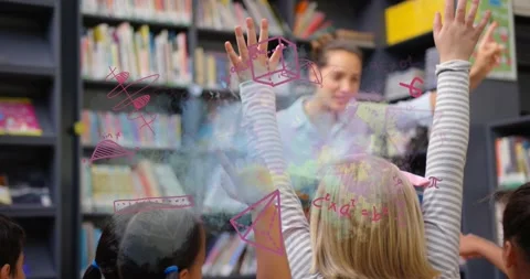 Female teacher speaking in library, math doodles appearing between children, Stock Footage 322706197
