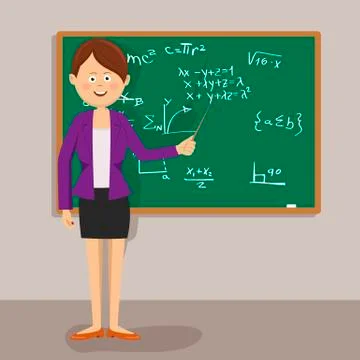 Female teacher standing with pointer next to blackboard in classroom Stock Illustration