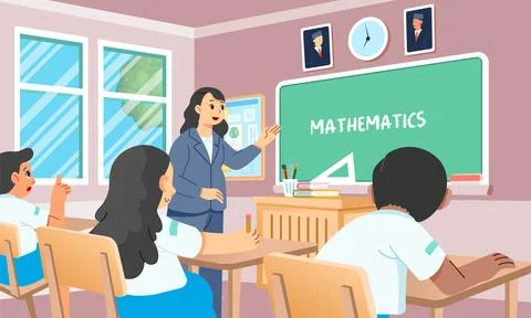 Female teacher starting math class in front first grade elementary school Stock Illustration