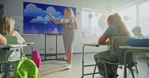 Female Teacher with Tablet Computer Explaining Water Cycles to Kids Using Stock Footage 315535452