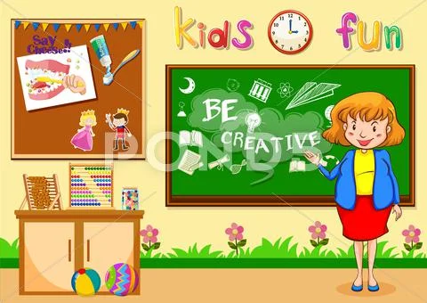 Female teacher teaching in the classroom Stock Illustration
