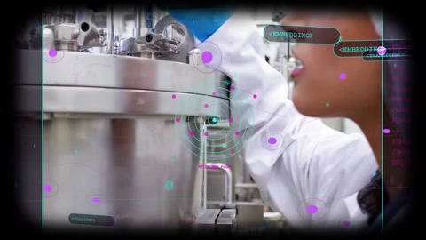 Female tech entering inspecting bio tank while teal AR rings guiding lid, Stock Footage 333232845