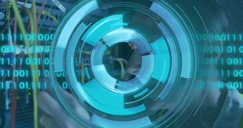 Female tech fixing network cables on phone causing blue HUD binary rings masking Stock Footage 331635320