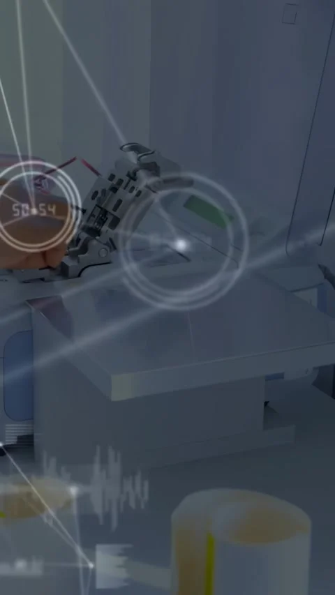 Female tech hands toggling control unit, adjusting prosthetic while HUD overlays Stock Footage 330982461