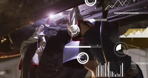 Female tech igniting torch and welding under auto fixing pipe, sparks, smoke, AR Stock Footage 330893632