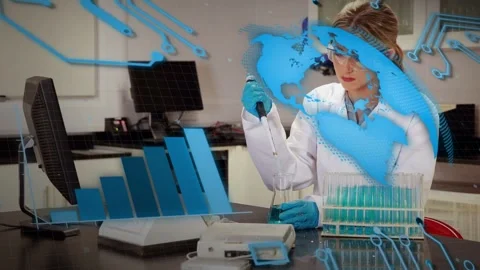 Female tech at lab pipetting on load into tubes with moving globe+chart overlays Stock Footage 334466384