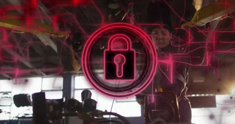 Female tech plugging scanner, red lock graphic growing, pulsing, spreading Stock Footage 332288996