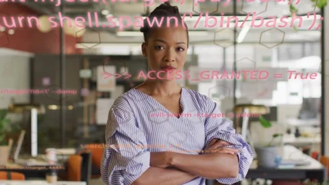 Female tech pro folded-arms in glass office code overlay lifting ACCESS_GRANTED Stock Footage 333803583