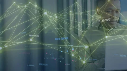 Female tech pro tilting laptop by glass, tapping screen, animating network nodes Stock Footage 333975914