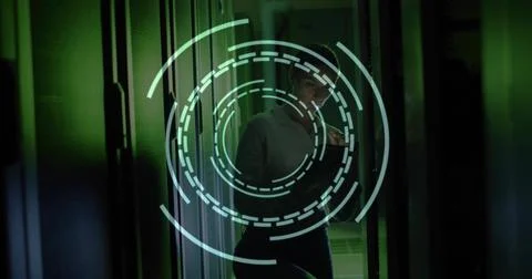 Female tech tapping access card, activating HUD rings over glass, scanning racks 스톡 일러스트