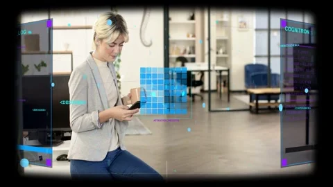 Female tech worker tapping phone and summoning AR overlays, reviewing work data Stock Footage 332981588