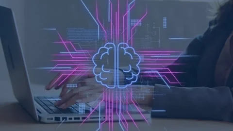 Female tech worker typing on laptop, activating brain icon and pulsing circuitry Stock Footage 334729077