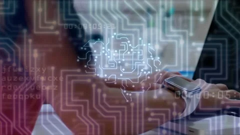 Female tech worker typing on laptop, causing circuitry and brain icon syncing Stock Footage 335739914