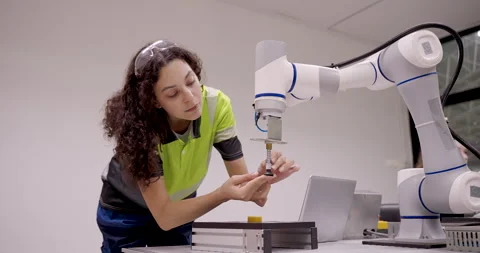 Female technician adjusting robotic arm during slowmotion calibration test Stock Footage 316080673