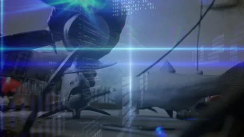 Female technician adjusting sensor over plane while blue code overlay scrolling Stock Footage 313677097