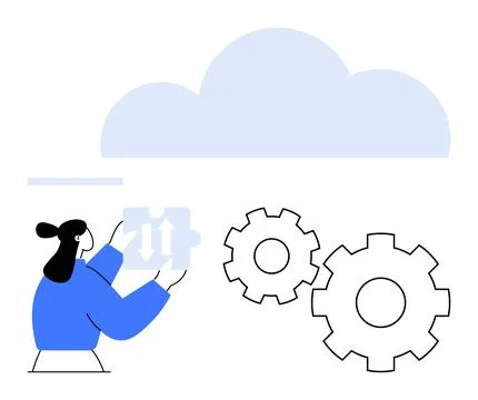 Female technician configuring cloud storage with gears representing system .. Stockillustratie