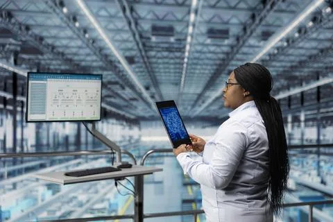 Female technician designs microchip layout using AI deep learning EDA software Stock Photos