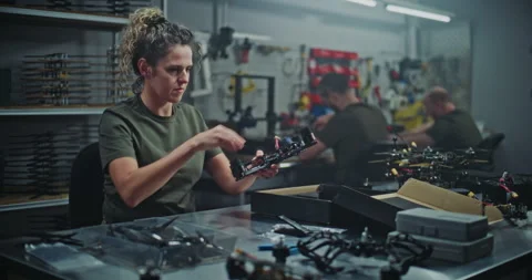 Female Technician Engaged in Hands on Assembly of Modern FPV drone, Connecting Stock Footage 322111737