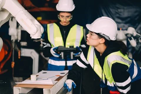 Female technician engineer using controller checking robotic machine Stock Photos