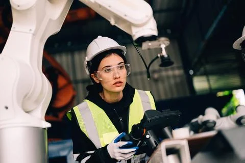 Female technician engineer using controller checking robotic machine Foto stock