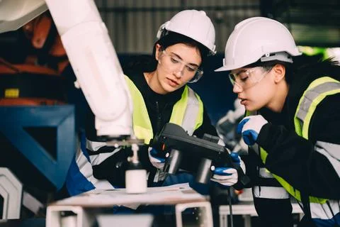 Female technician engineer using controller checking robotic machine Stock Photos