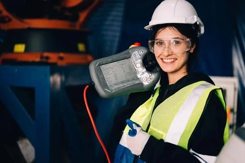 Female technician engineer using controller checking robotic machine Stock Photos