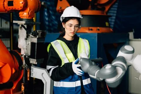 Female technician engineer using controller checking robotic machine Stock Photos
